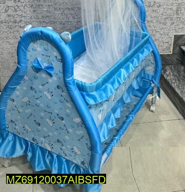 Blue Baby Swing with Mosquito Net, Durable Plastic, Comfortable Foam Pad