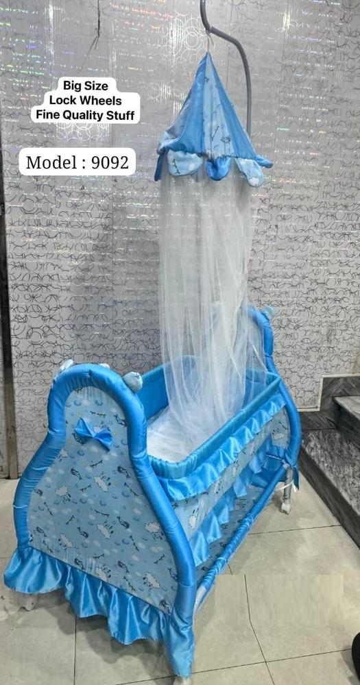 Blue Baby Swing with Mosquito Net, Durable Plastic, Comfortable Foam Pad